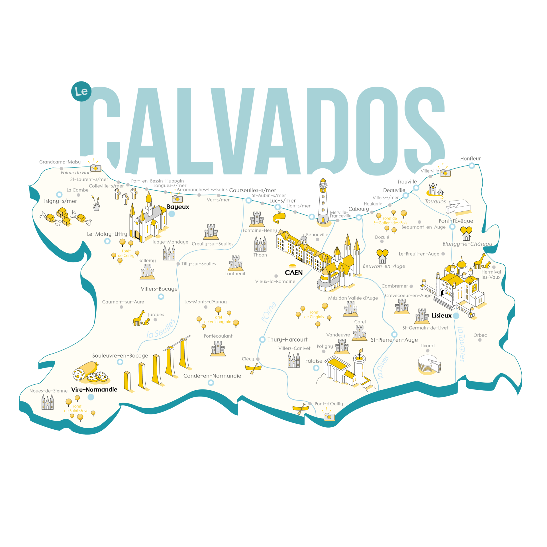 Carte isométrique du Calvados avec le Pont de Normandie et les bâtiments iconiques