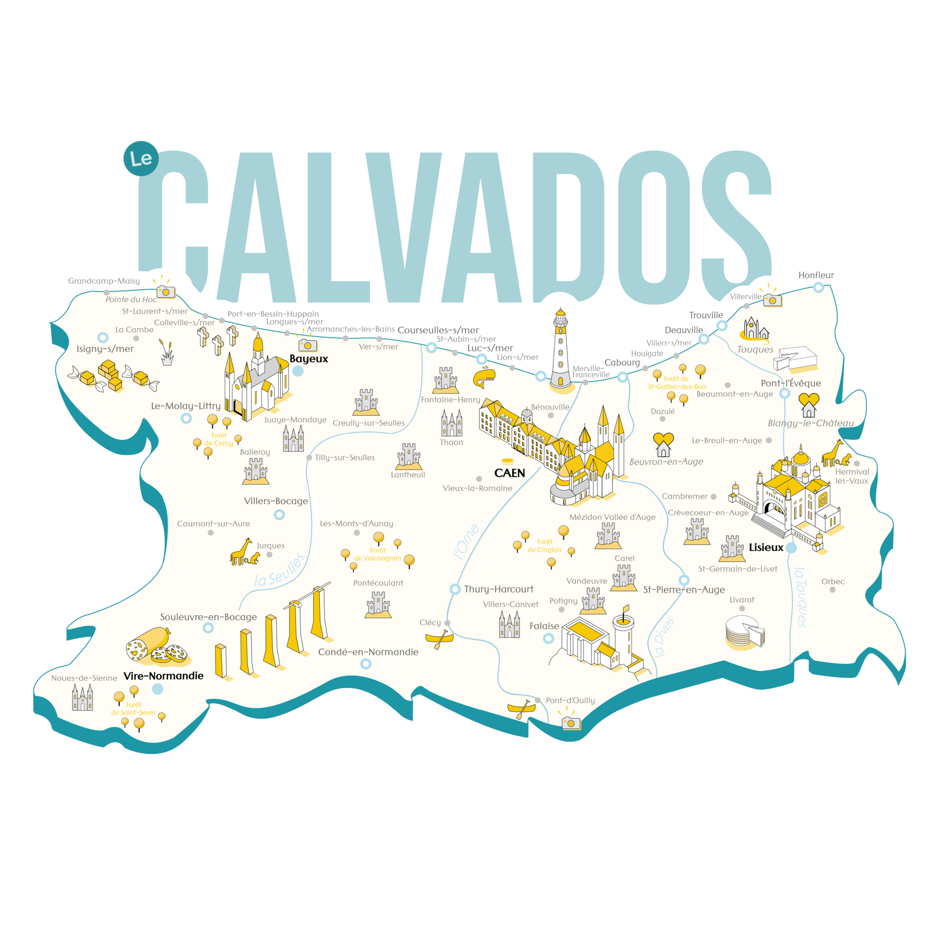 Carte isométrique du Calvados avec le Pont de Normandie et les bâtiments iconiques