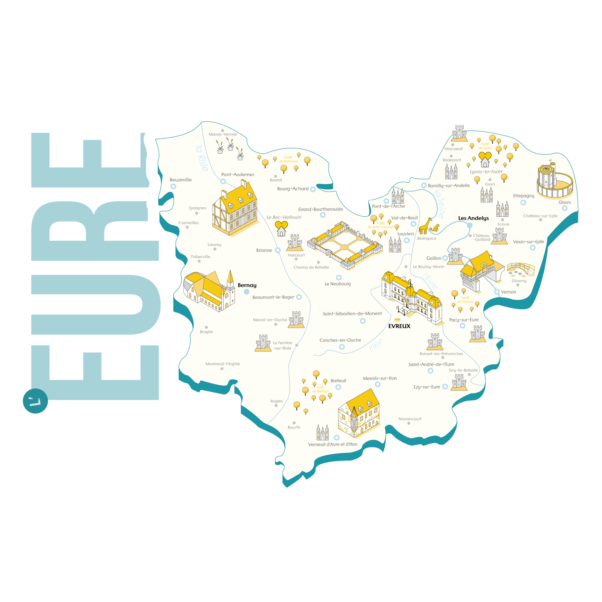 Carte isométrique de l'Eure et ses villes principales