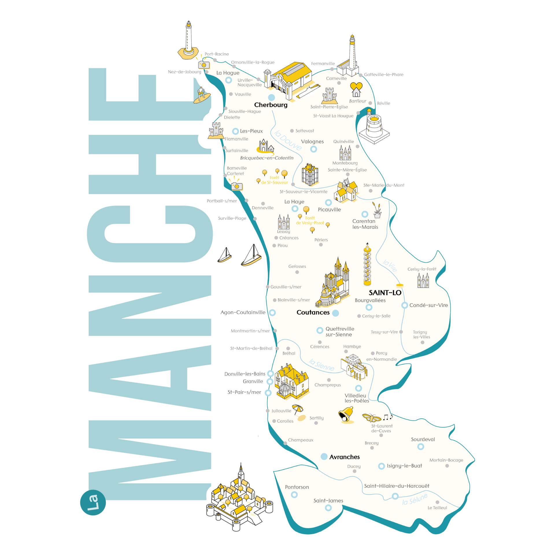 Carte isométrique de la Manche avec le Mont-Saint-Michel