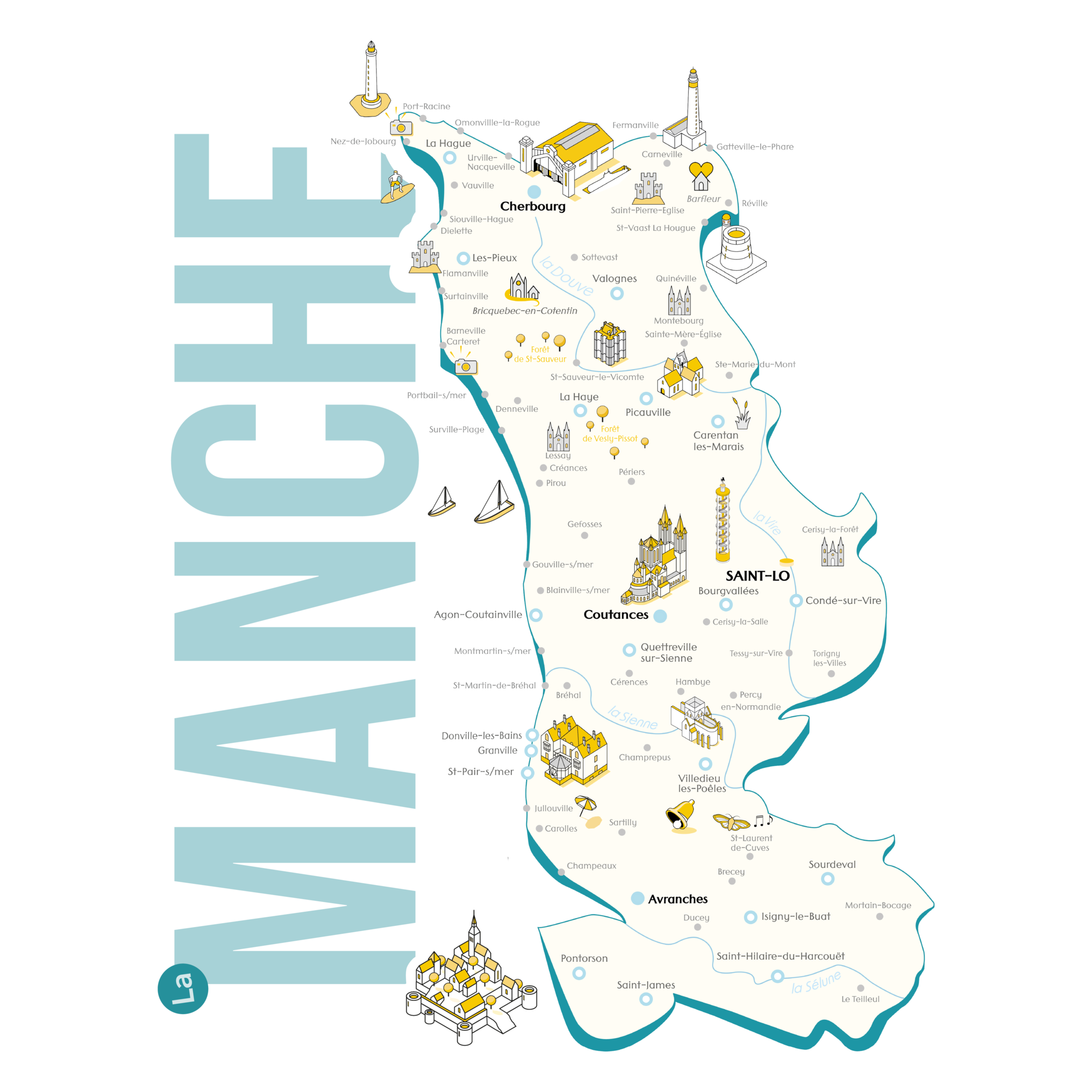 Carte isométrique de la Manche avec le Mont-Saint-Michel