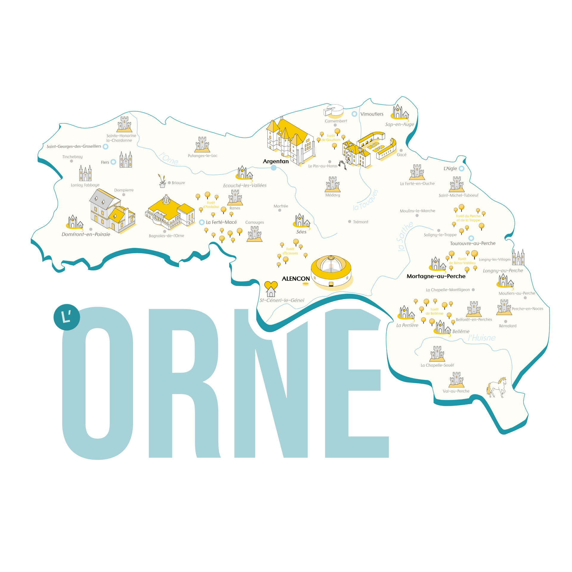 Carte isométrique de l'Orne et ses villes principales