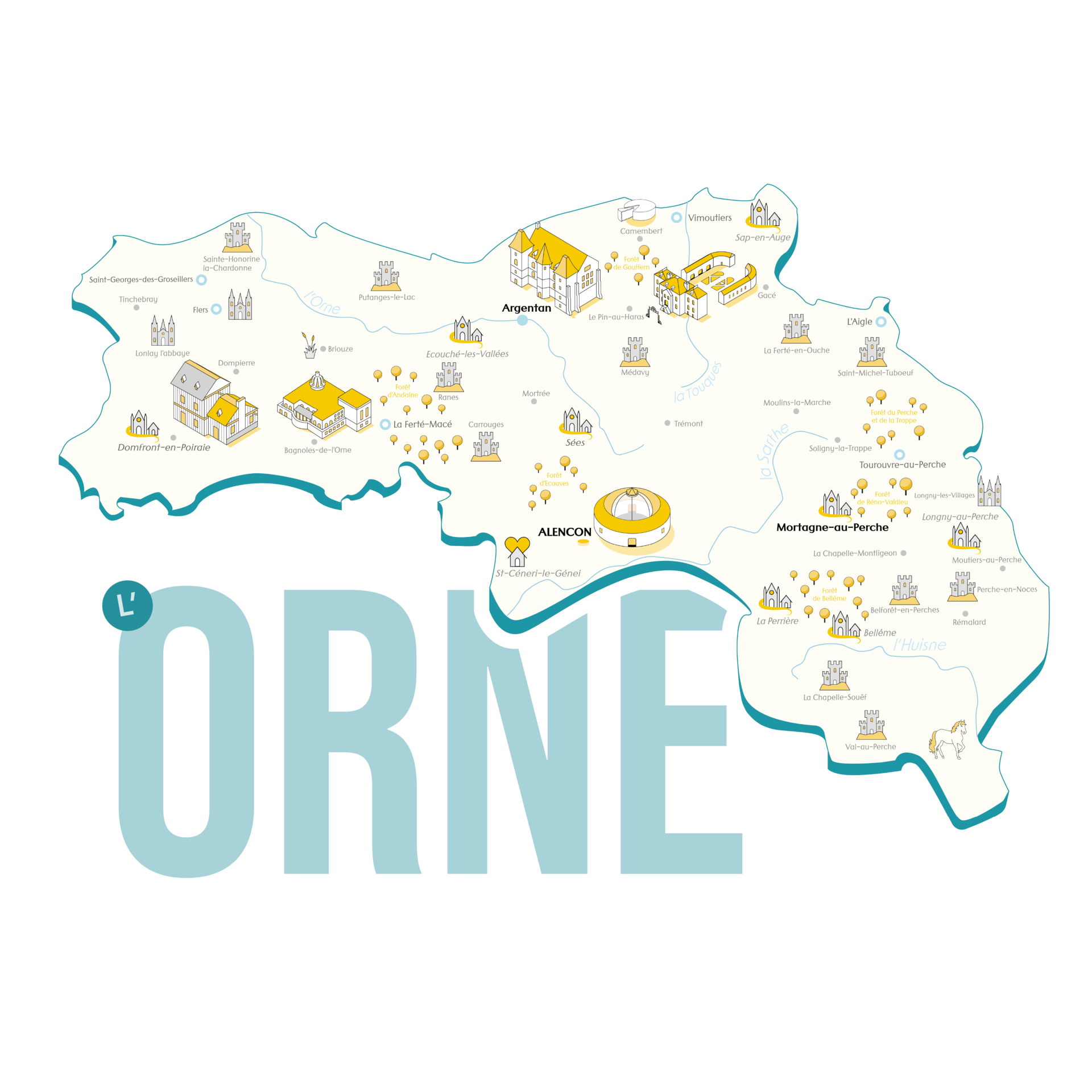 Carte isométrique de l'Orne et ses villes principales
