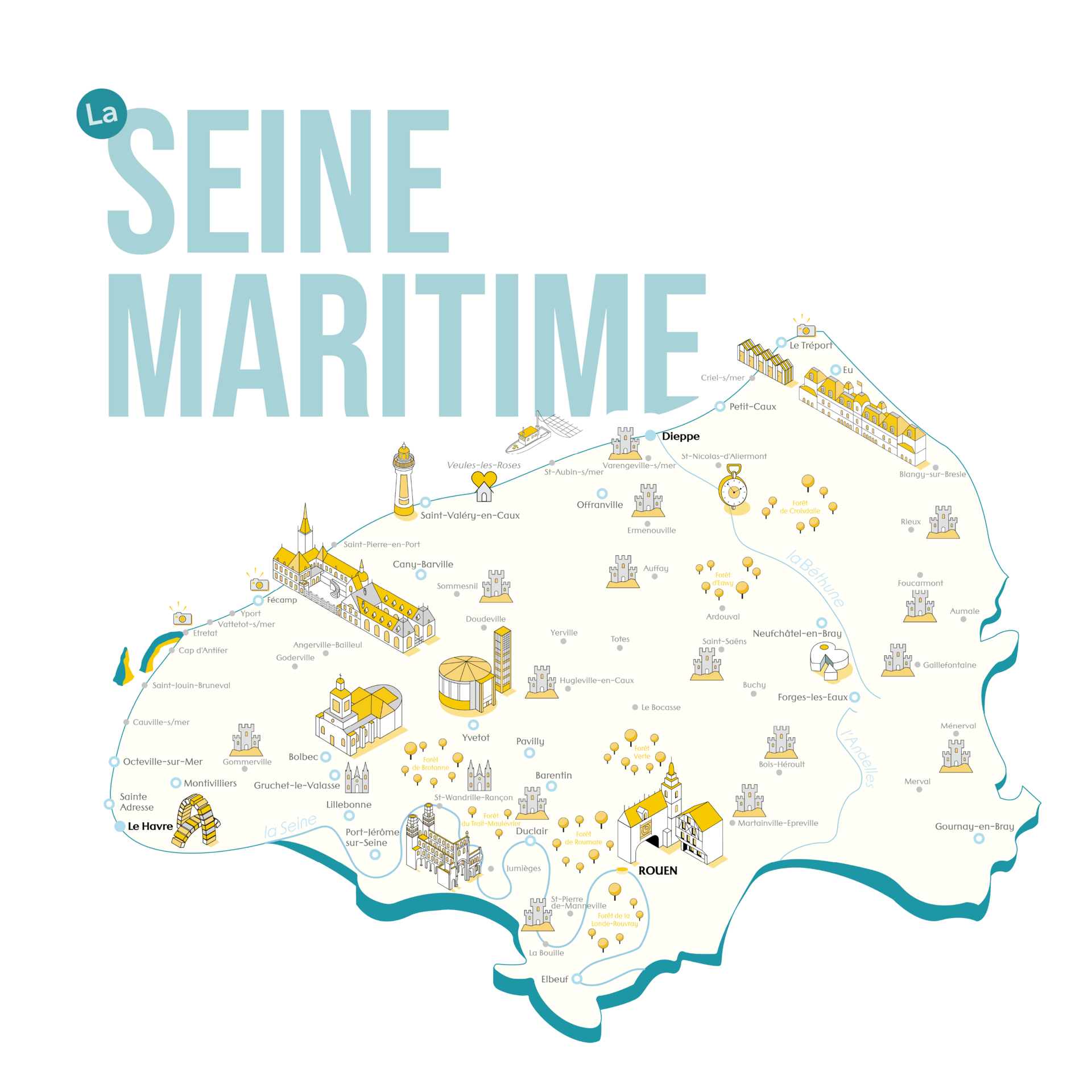 Carte isométrique de la Seine-Maritime avec la Cathédrale de Rouen