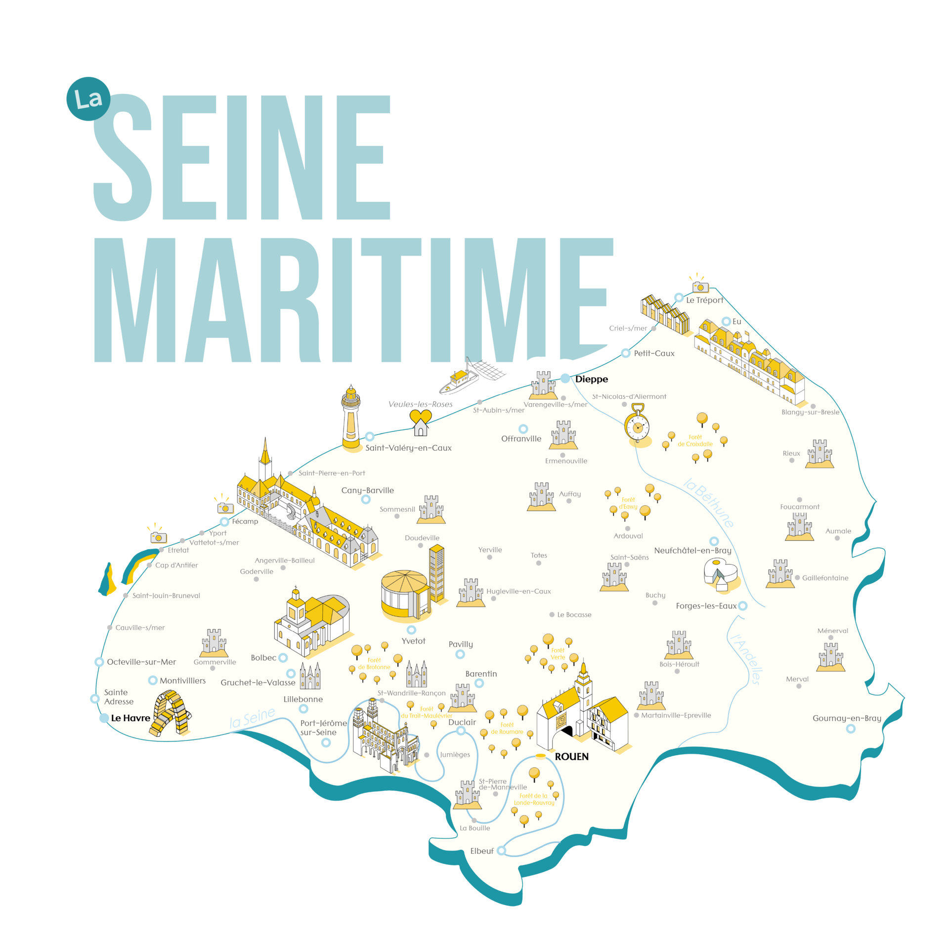 Carte isométrique de la Seine-Maritime avec la Cathédrale de Rouen
