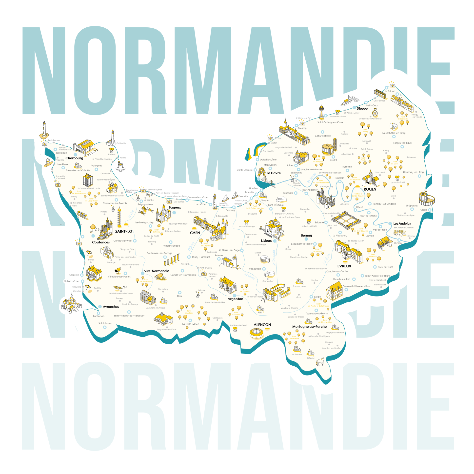 Carte isométrique de la Normandie : vue d'ensemble régionale avec les 5 départements et les bâtiments iconiques — Mont-Saint-Michel, Cathédrale de Rouen, Pont de Normandie.