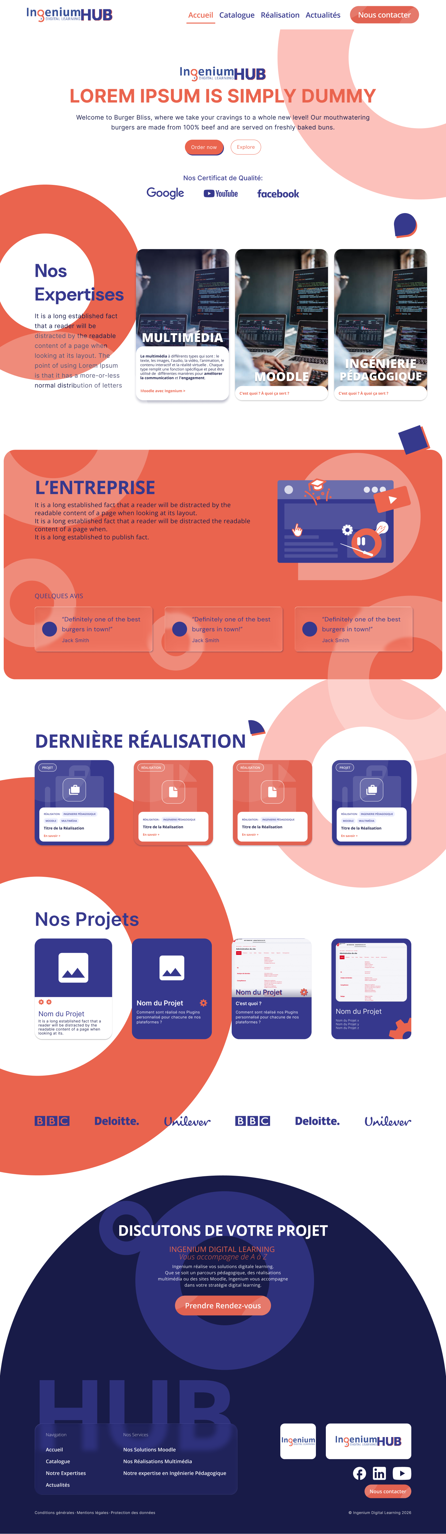 Maquette haute fidélité de la page d'accueil : hero, bloc « Nos expertises », présentation de l'entreprise, dernières réalisations et projets, dans une charte graphique orange et bleu.