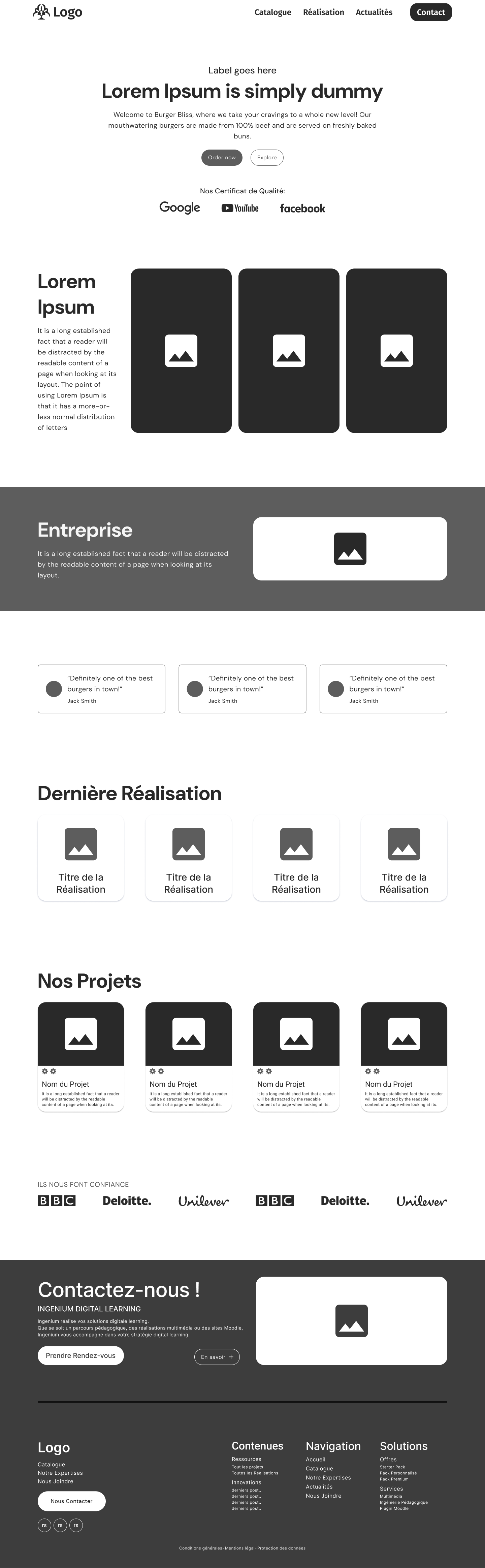 Wireframe basse fidélité de la page d'accueil : structure des sections (hero, expertises, entreprise, réalisations, projets, contact) avant la mise en couleur.