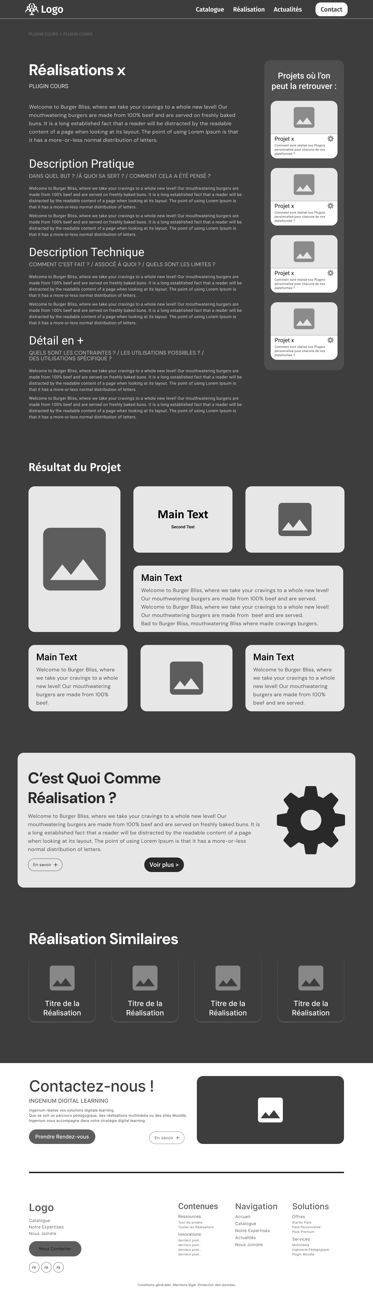 Wireframe basse fidélité d'une page de réalisation : présentation détaillée d'un produit avec descriptions, résultat du projet et réalisations similaires.